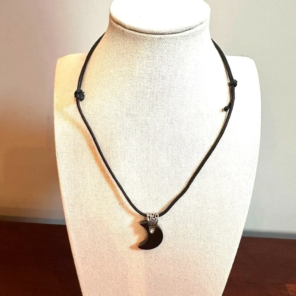 Crescent Moon Necklace Gray Black Cord Boho Casual Jewelry Adjustable